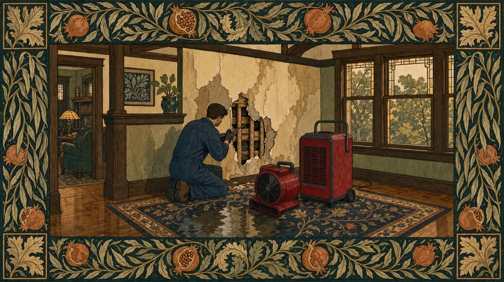 An illustrated scene of a technician opening a wet wall in a bungalow while a fan and dehumidifier dry the room