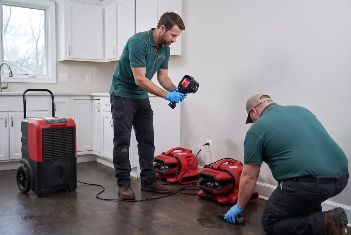 Technician scanning a kitchen wall with a thermal camera beside a dehumidifier