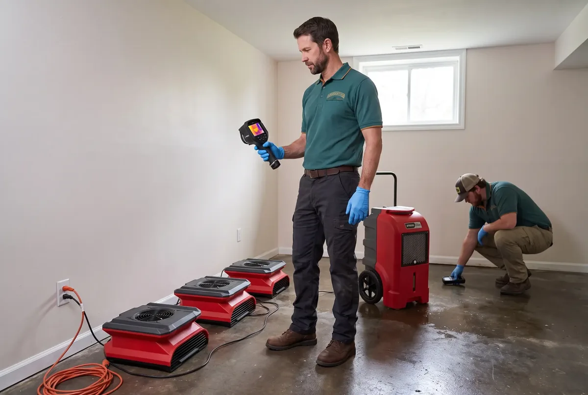 Technician with a thermal camera standing beside a row of air movers
